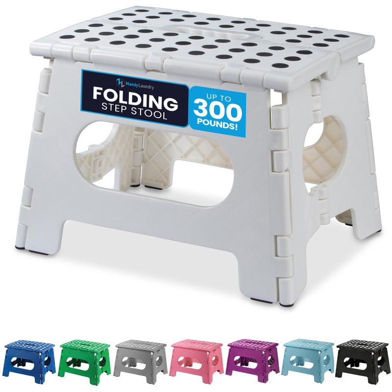 Handy Laundry Folding Lightweight Step Stool - Sturdy Enough to Support Adults and Safe Enough for Kids - Opens Easy with One Flip - Great for Kitchen, Bathroom or Bedroom (White - 9 Inch) - Image 1